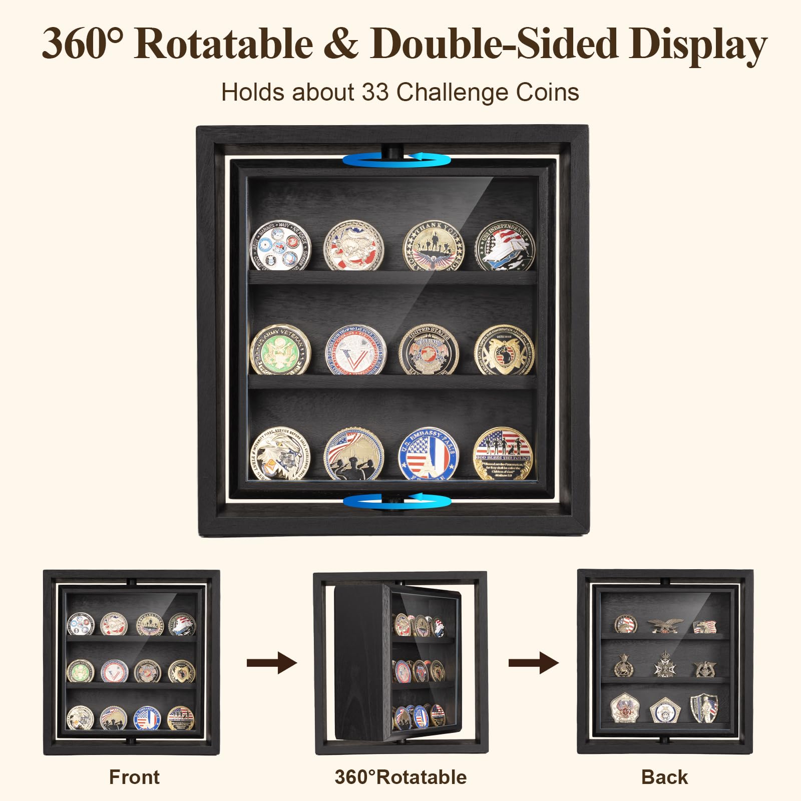 Challenge Coin Display Wooden Double-Sided Rotatable Case Organizer Box