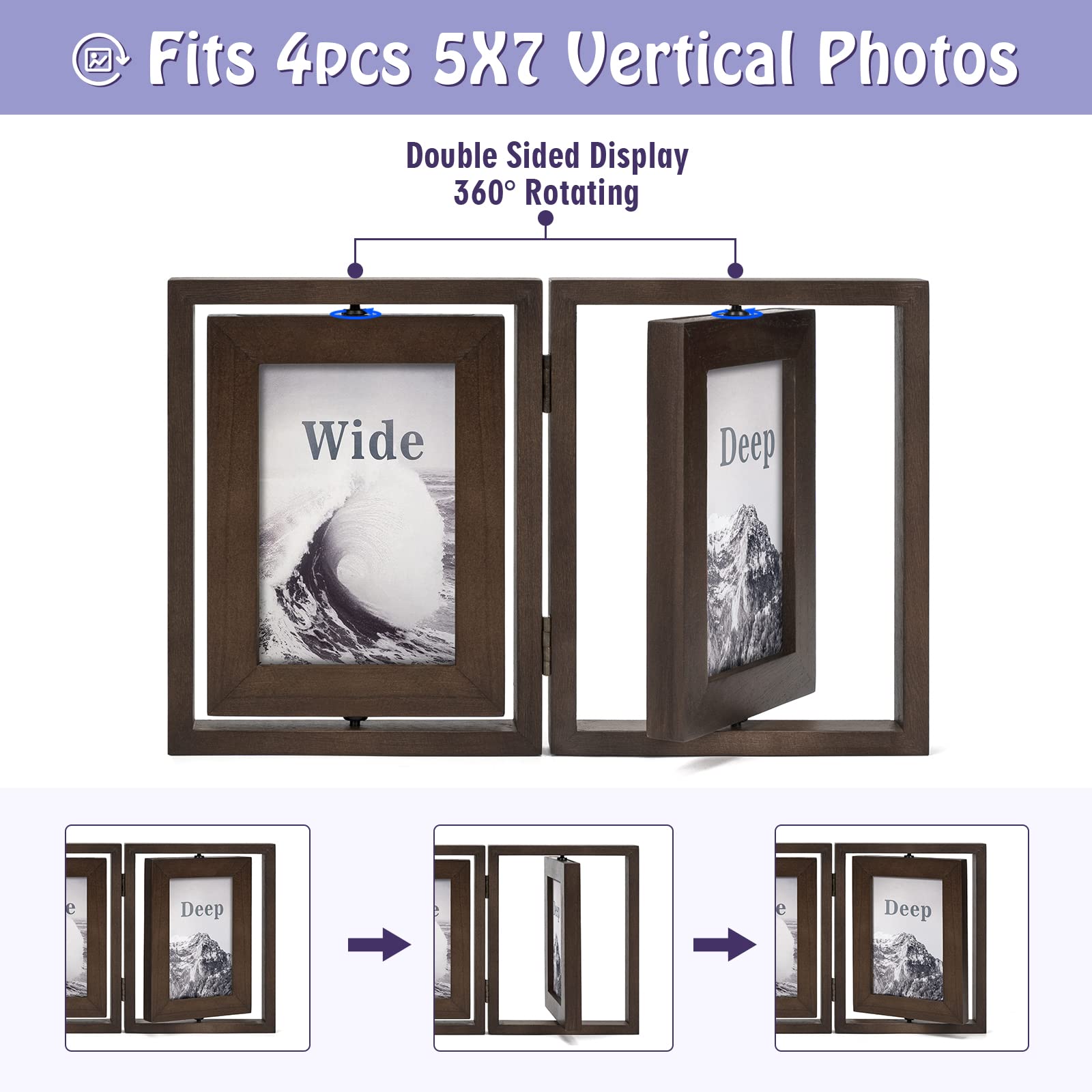 Sfugno 5x7 Picture Frame,Tabletop Rustic Wood Double Sided Display Folding Photo Frame