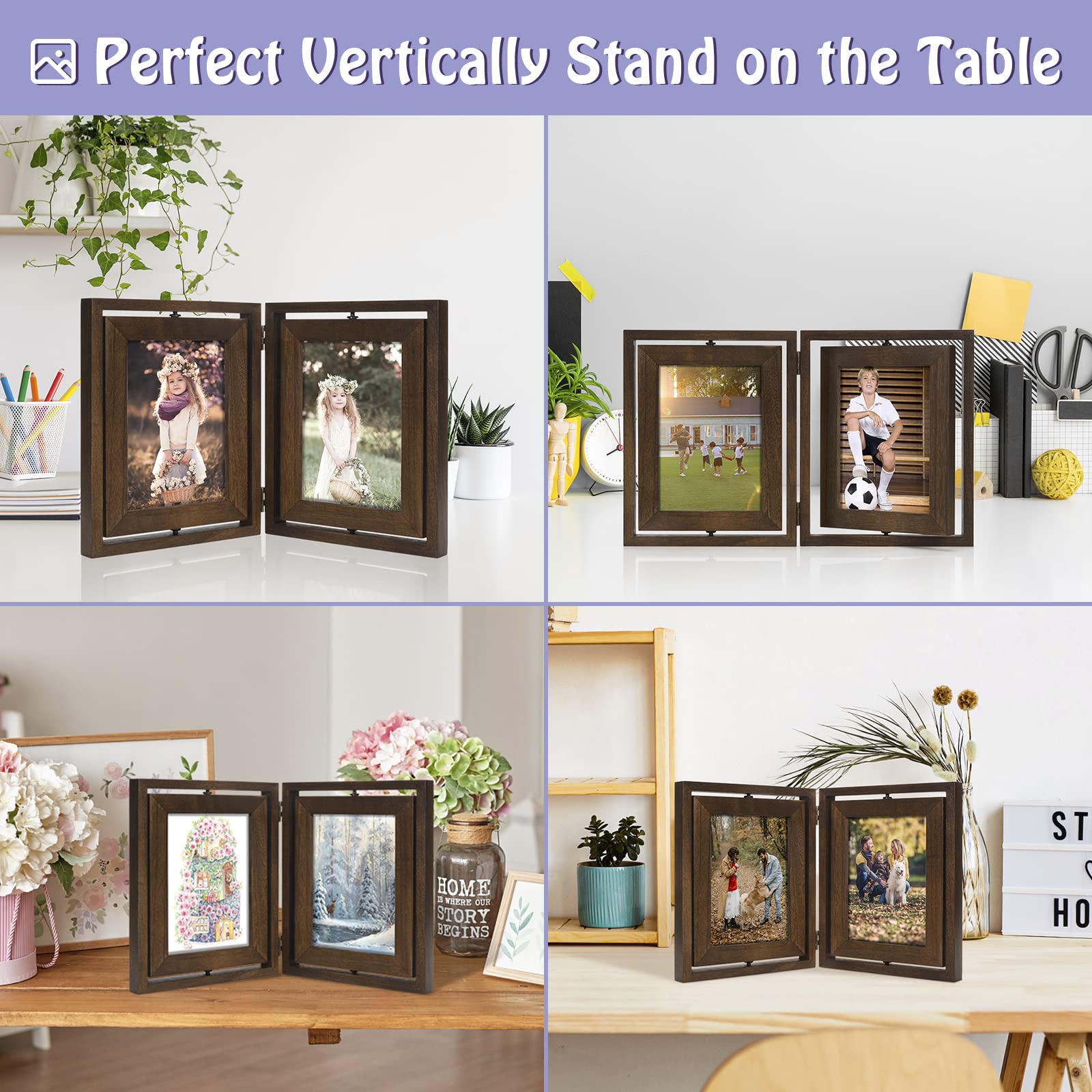 Sfugno 5x7 Picture Frame,Tabletop Rustic Wood Double Sided Display Folding Photo Frame