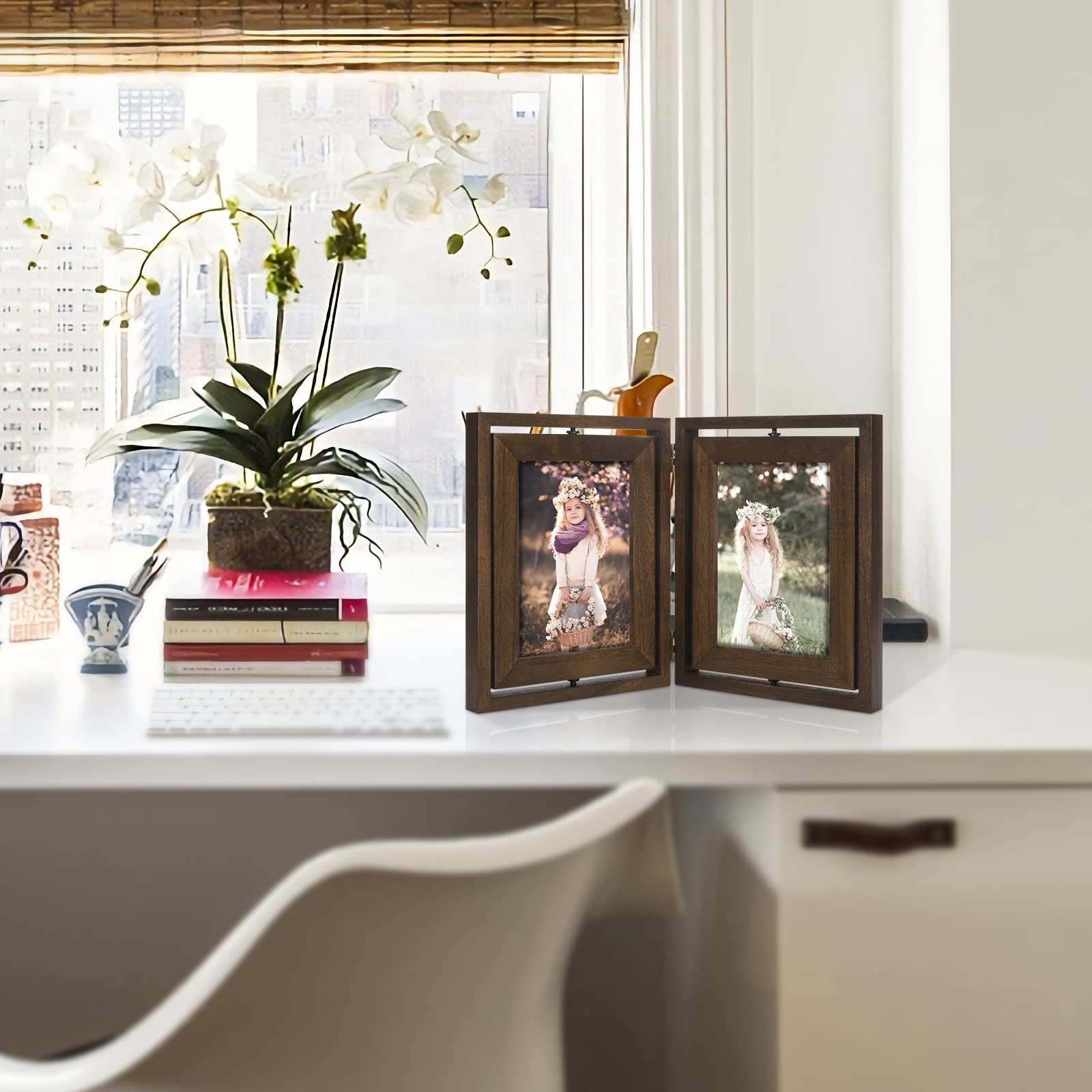 Sfugno 5x7 Picture Frame,Tabletop Rustic Wood Double Sided Display Folding Photo Frame