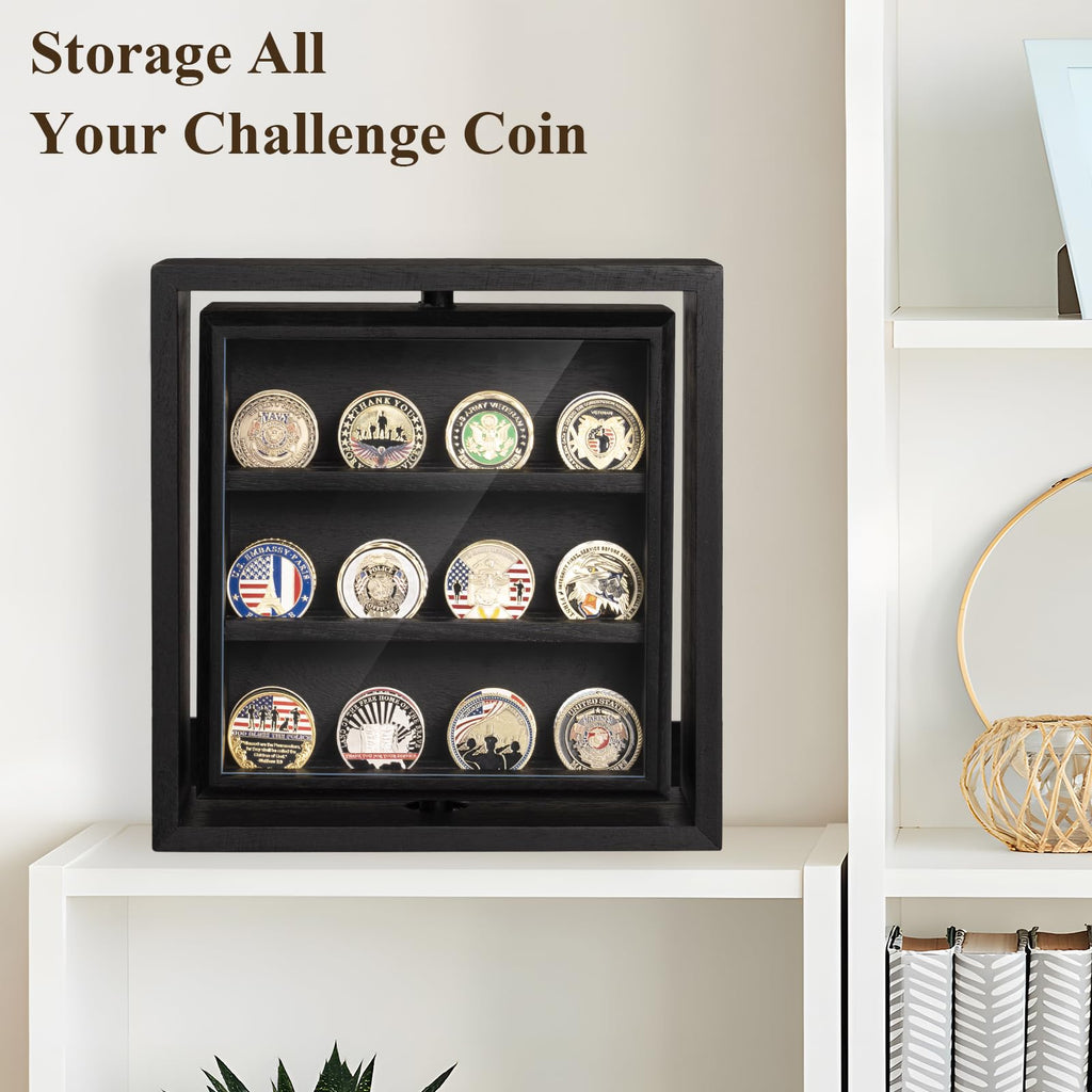 Challenge Coin Display Wooden Double-Sided Rotatable Case Organizer Box