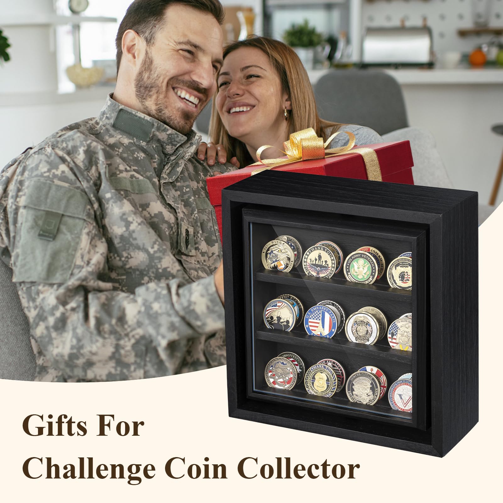 Challenge Coin Display Wooden Double-Sided Rotatable Case Organizer Box